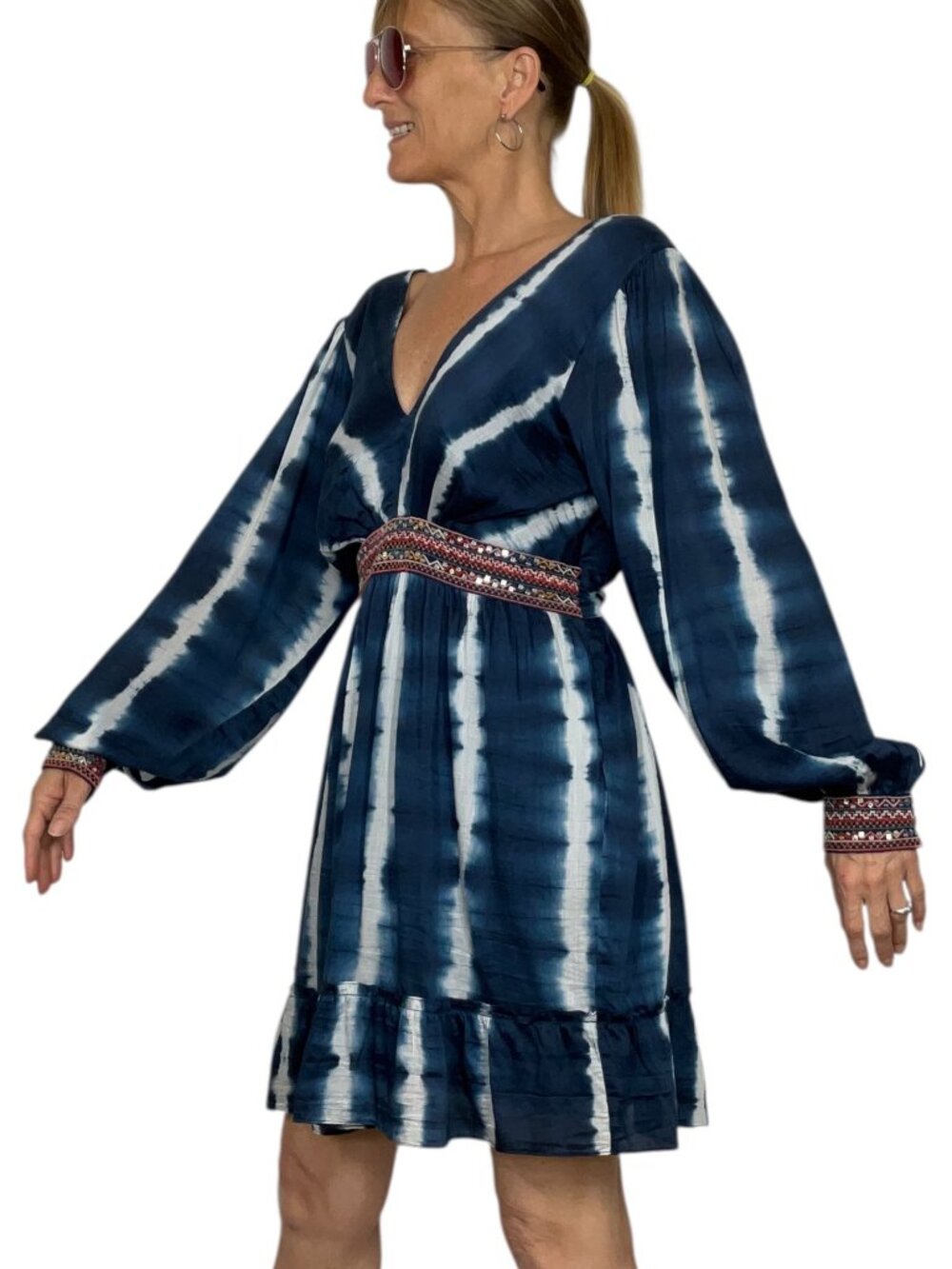Anthropologie Verb by Pallavi Singhee Beaded Tie-Dye Mini Dress M Blue - Picture 4 of 16
